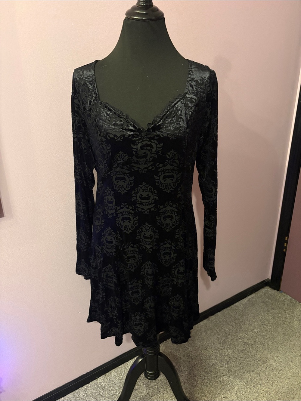 Black Velvet Pumpkin Long-Sleeve Fit & Flare Dress